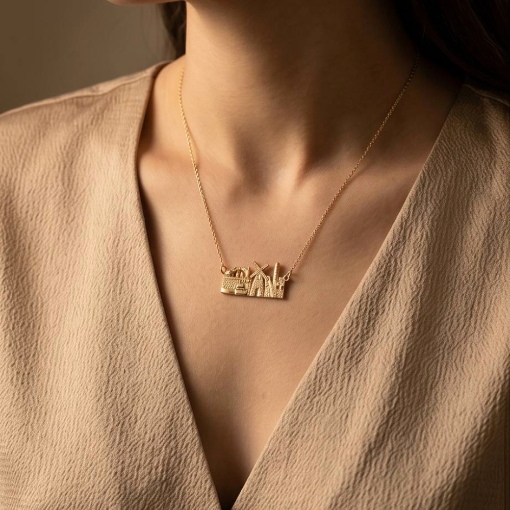 Jerusalem Old City Skyline Necklace in 14K Gold
