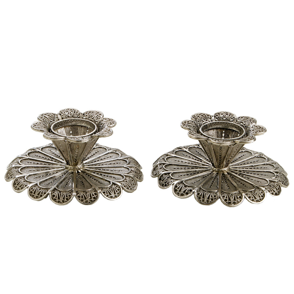 Short Filigree Silver Candlestick Holders
