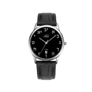 Black Leather Hebrew Analog Watch 36mm