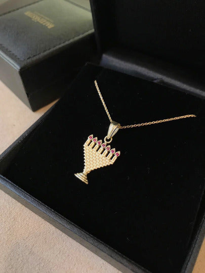 Kotel Menorah Pendant in 14k Gold Ruby