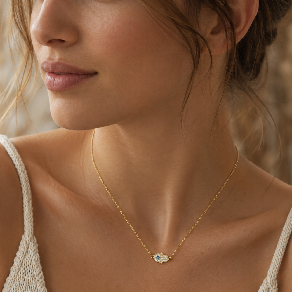 Aquamarine & Diamond Hamsa Necklace in 14K Gold