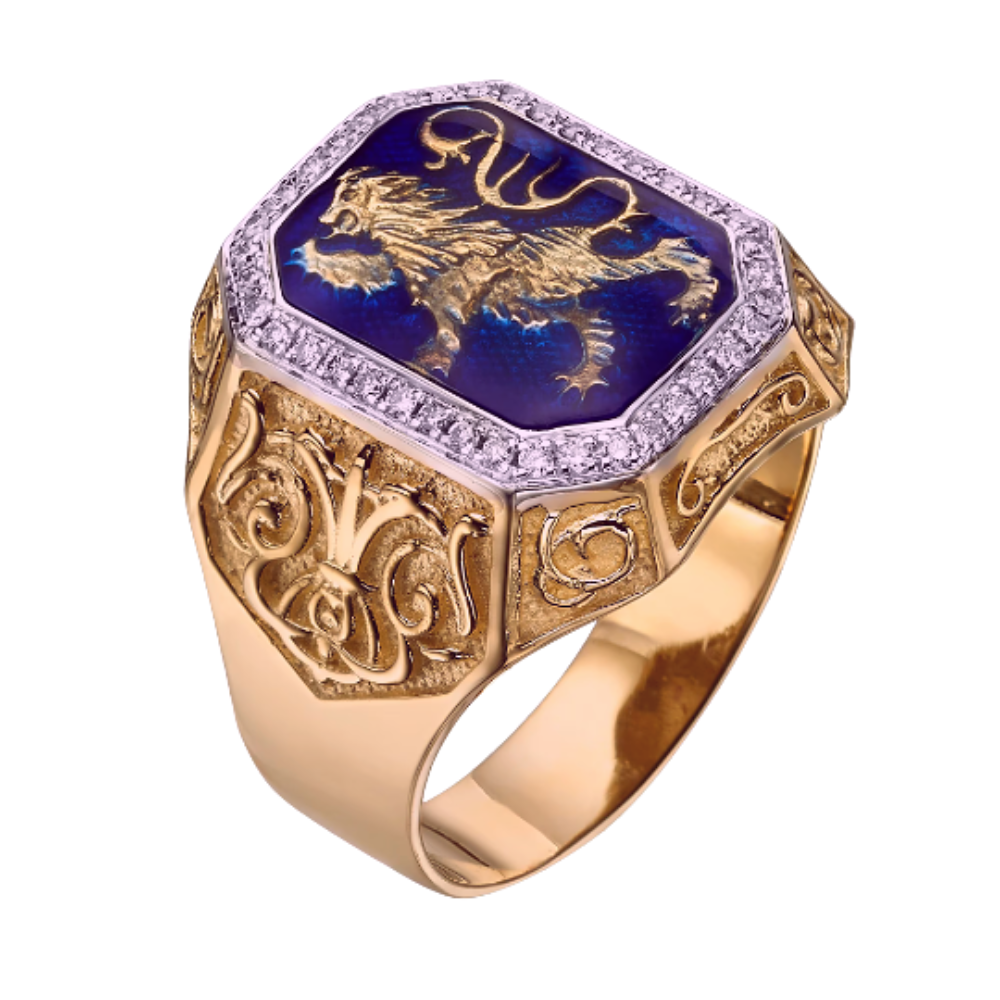 Lion of Judah RING - 14K Gold & Blue Enamel Men's Diamond Signet Ring