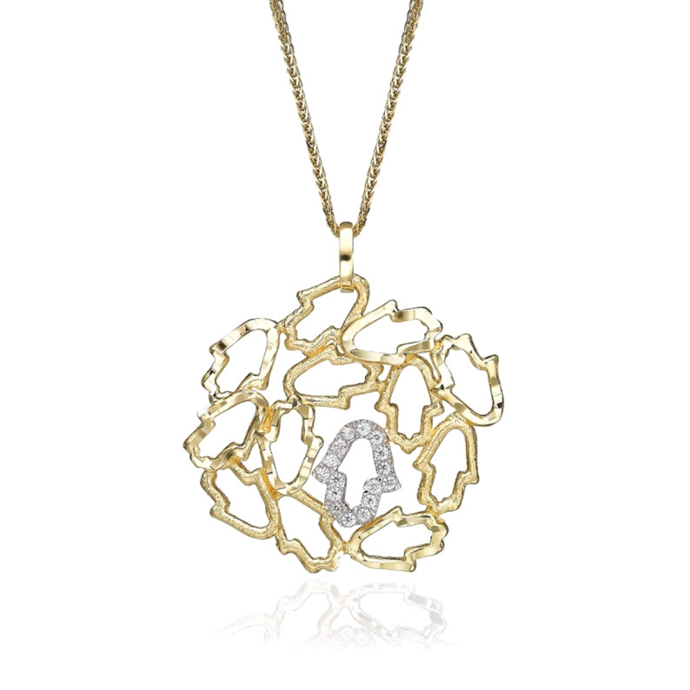 Hamsa Pendant - 14K Yellow Gold Diamond Studded Recurrent Hamsa