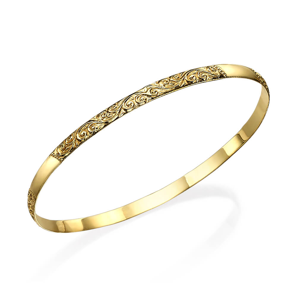 14k Gold Etched Swirls Moroccan Bangle Bracelet