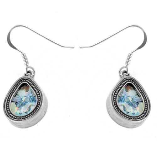 Roman Glass Tear Drop Silver Earrings