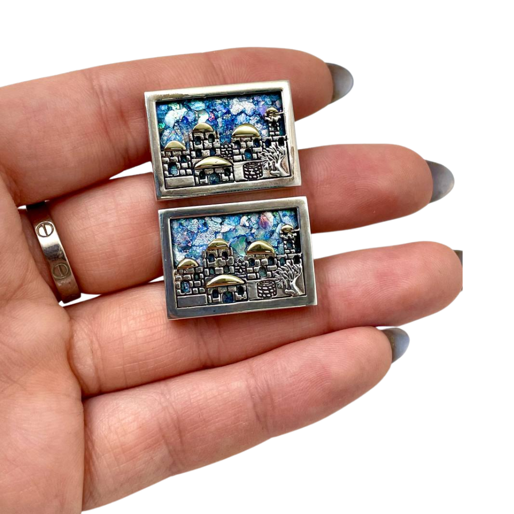 Roman Glass Jerusalem Skyline Cufflinks in Silver and Gold