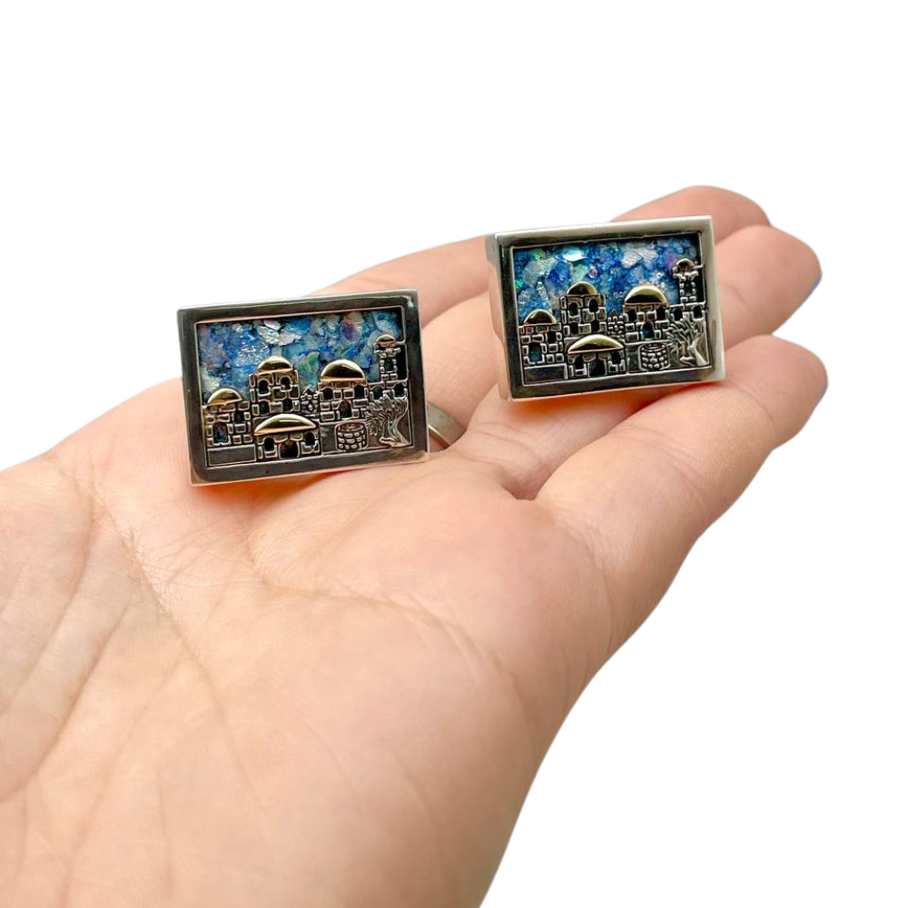 Roman Glass Jerusalem Skyline Cufflinks in Silver and Gold