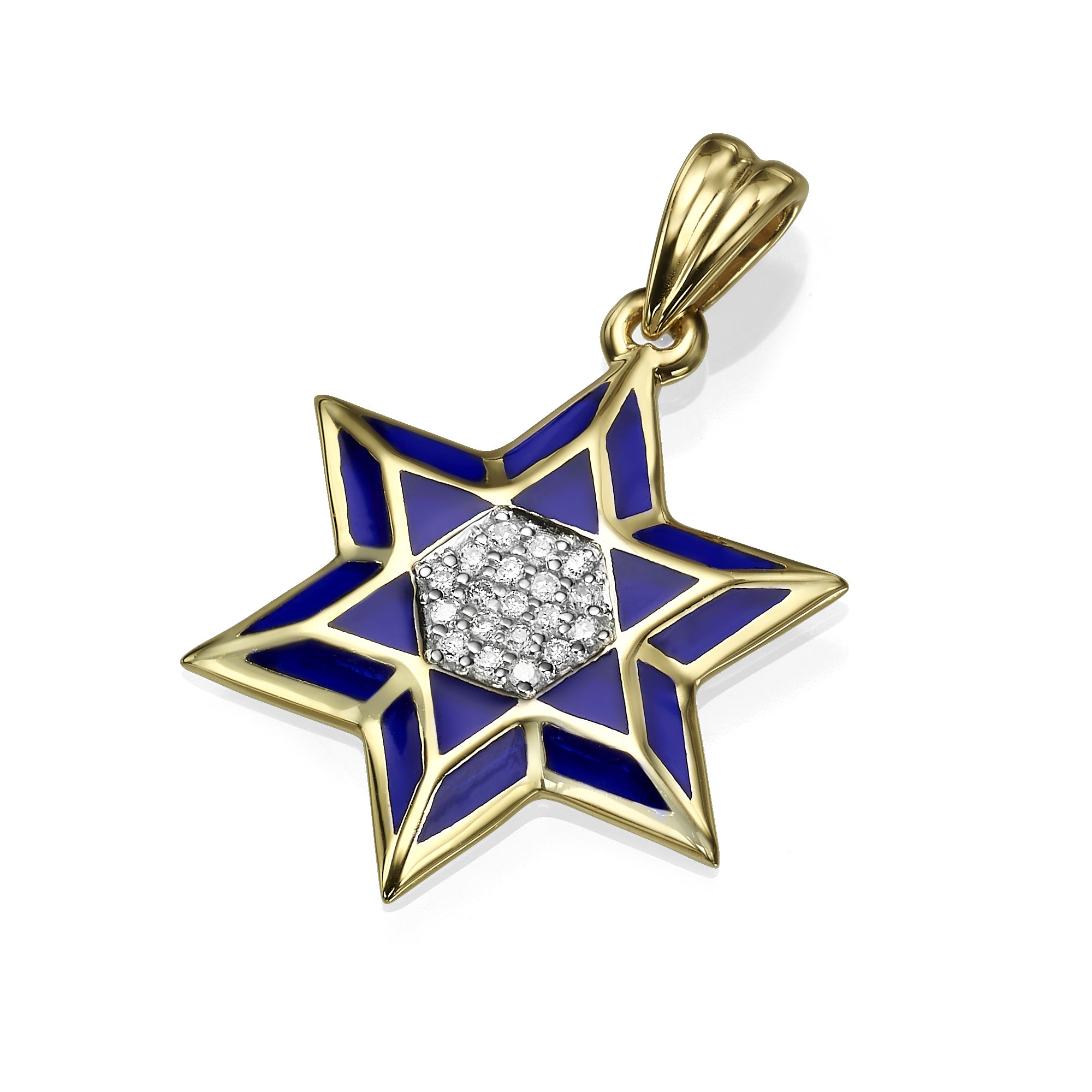 Star of David Pendant - 14K Yellow Gold Blue Enamel Diamond Embedded