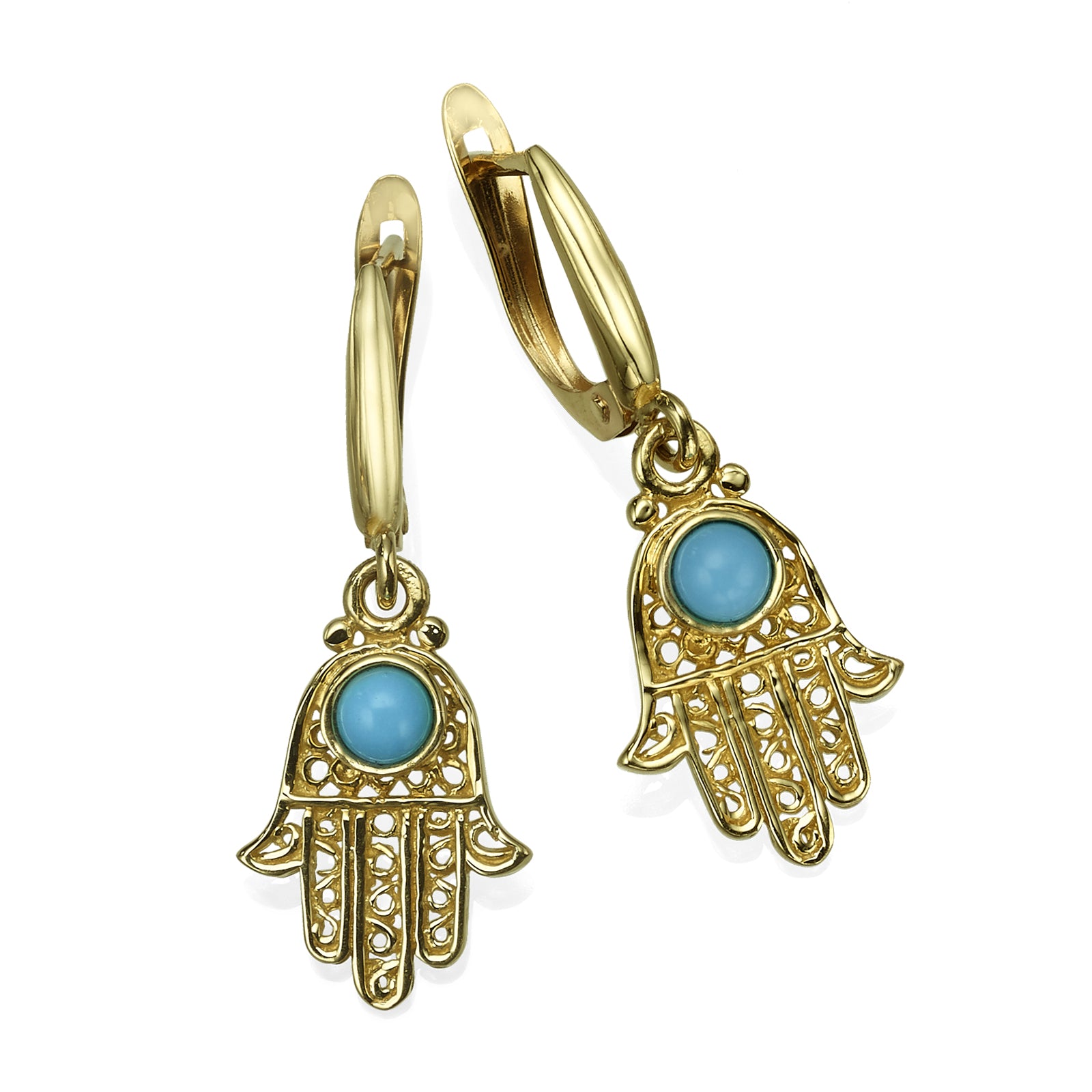 Turquoise Hamsa Earrings in 14K Gold Filigree