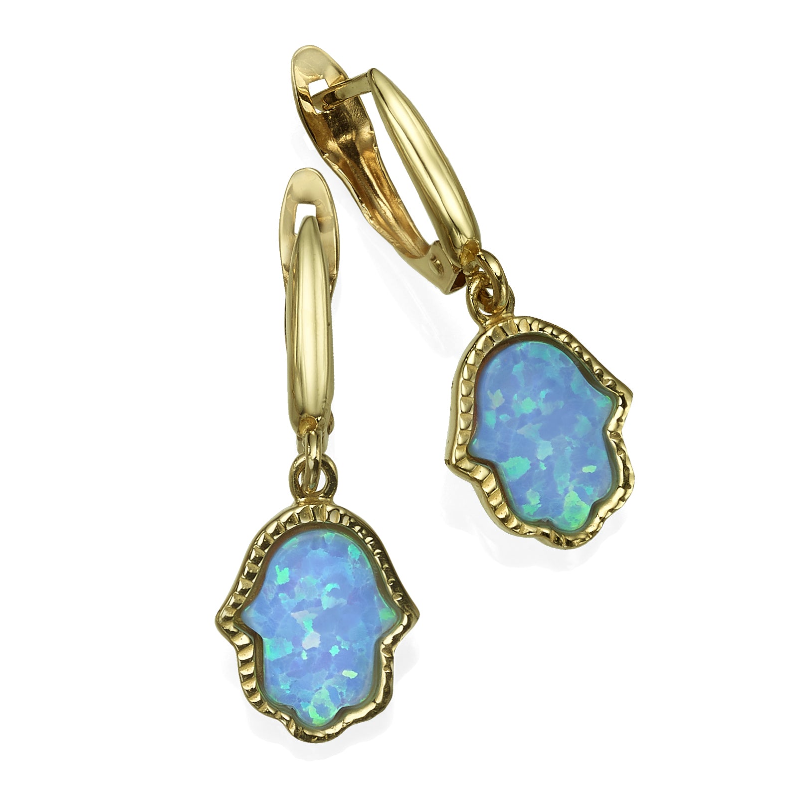 Opal Hamsa Earrings 14k Yellow Gold