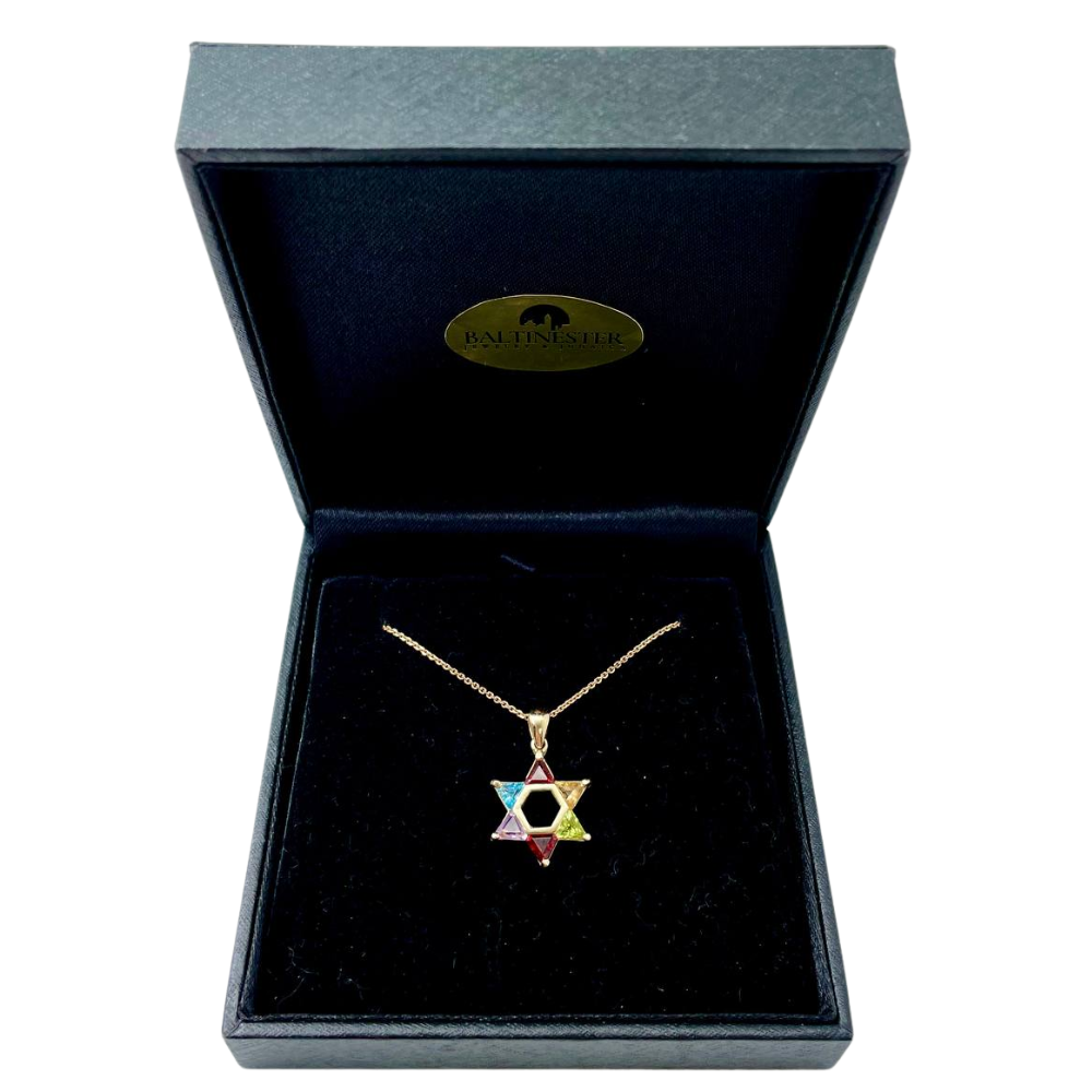 Colorful Gemstones Star of David Pendant in 14K Gold - 18 mm
