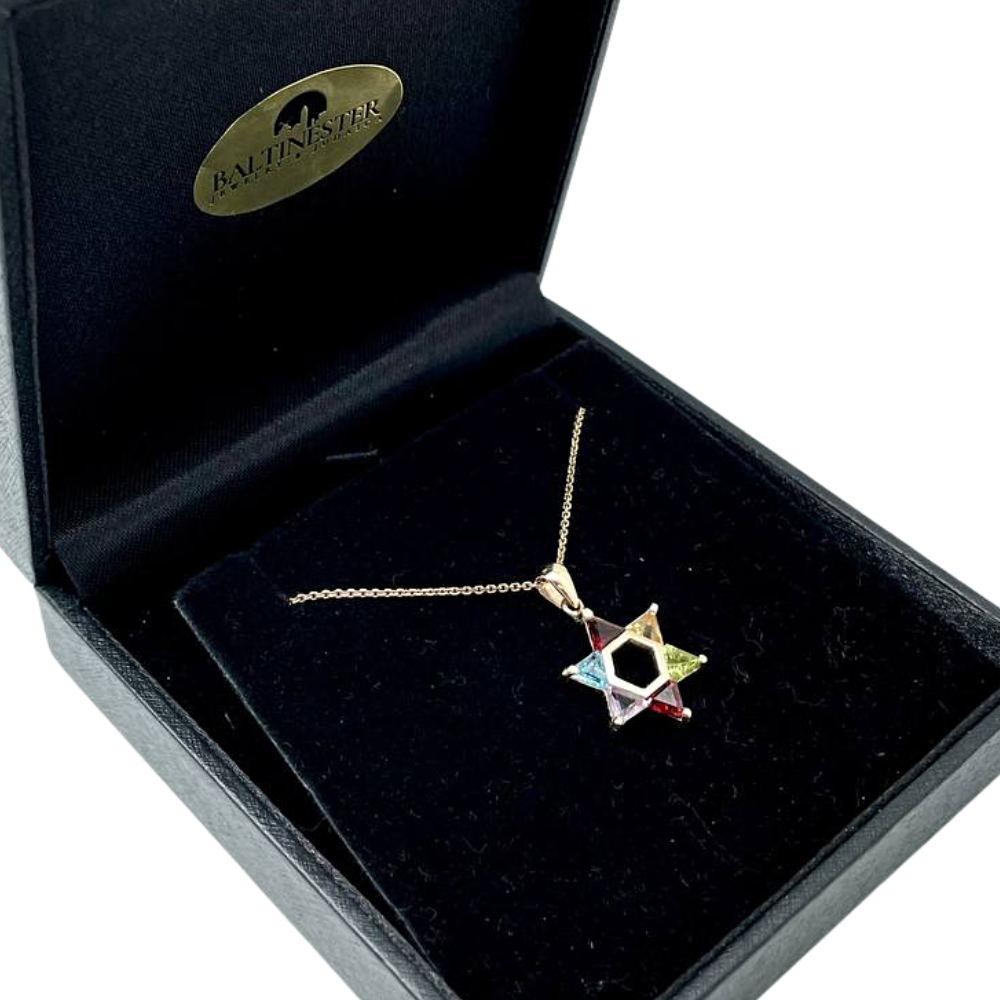 Colorful Gemstones Star of David Pendant in 14K Gold - 18 mm