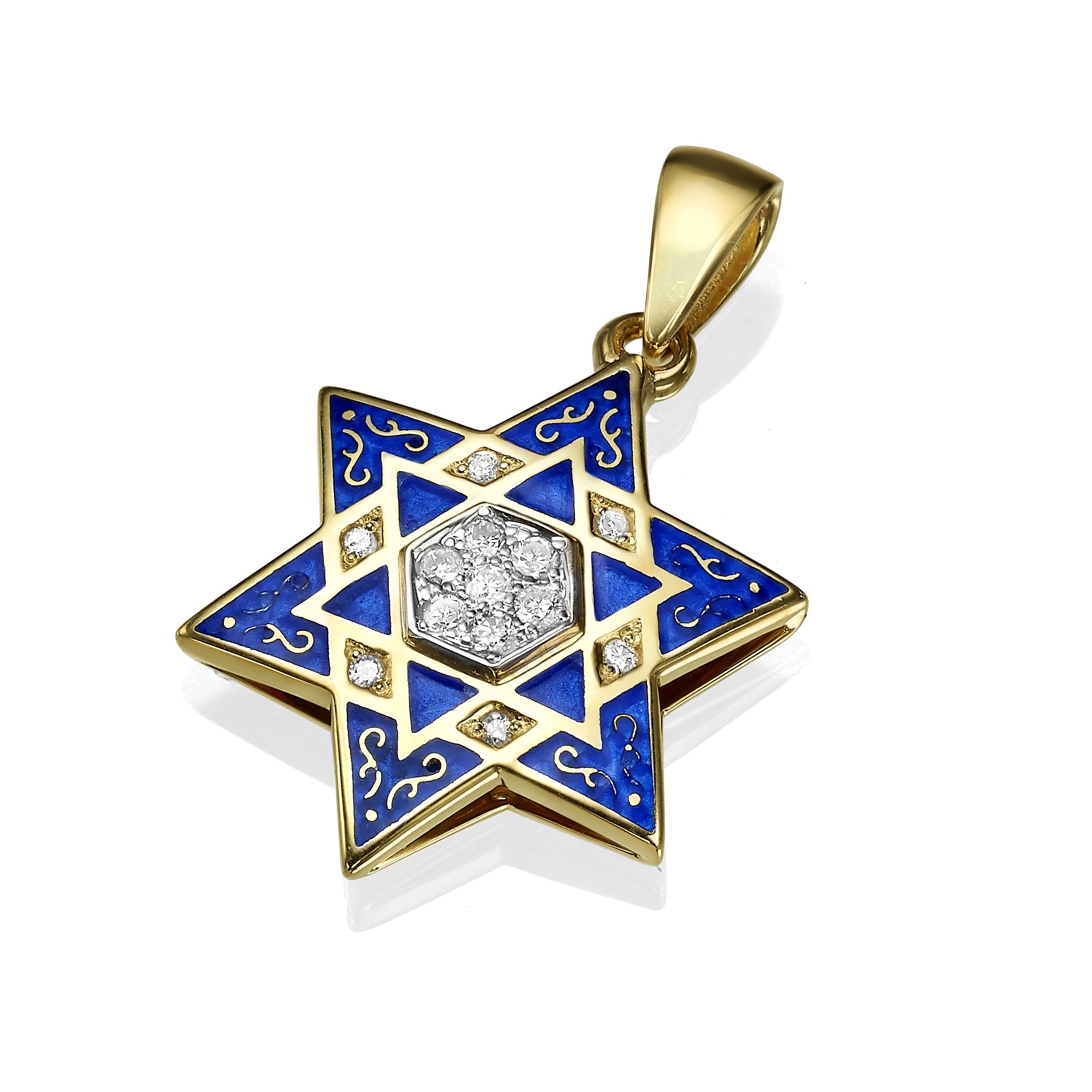 Star of David Pendant - 14K Yellow Gold Diamond Multi with Blue Enamel