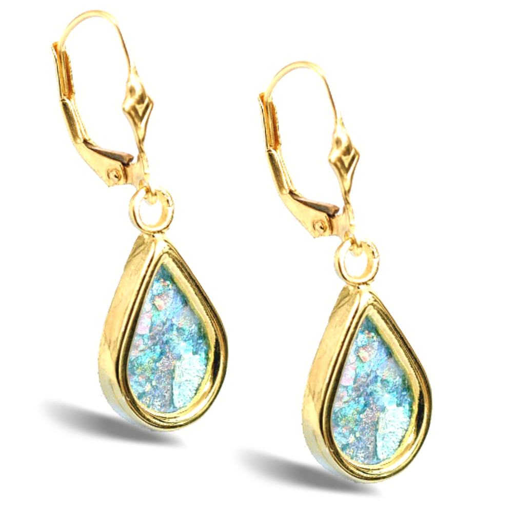 14k Gold Roman Glass Tear Drop Earrings