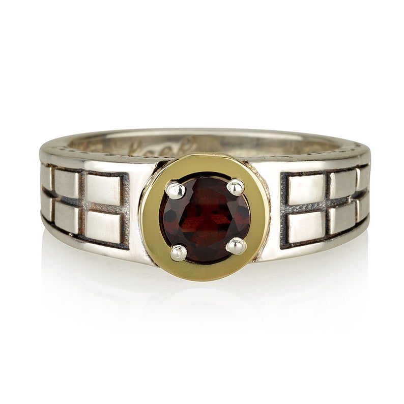 14K Yellow Gold and Silver Gamla Kabbalah Ring with Garnet Stone