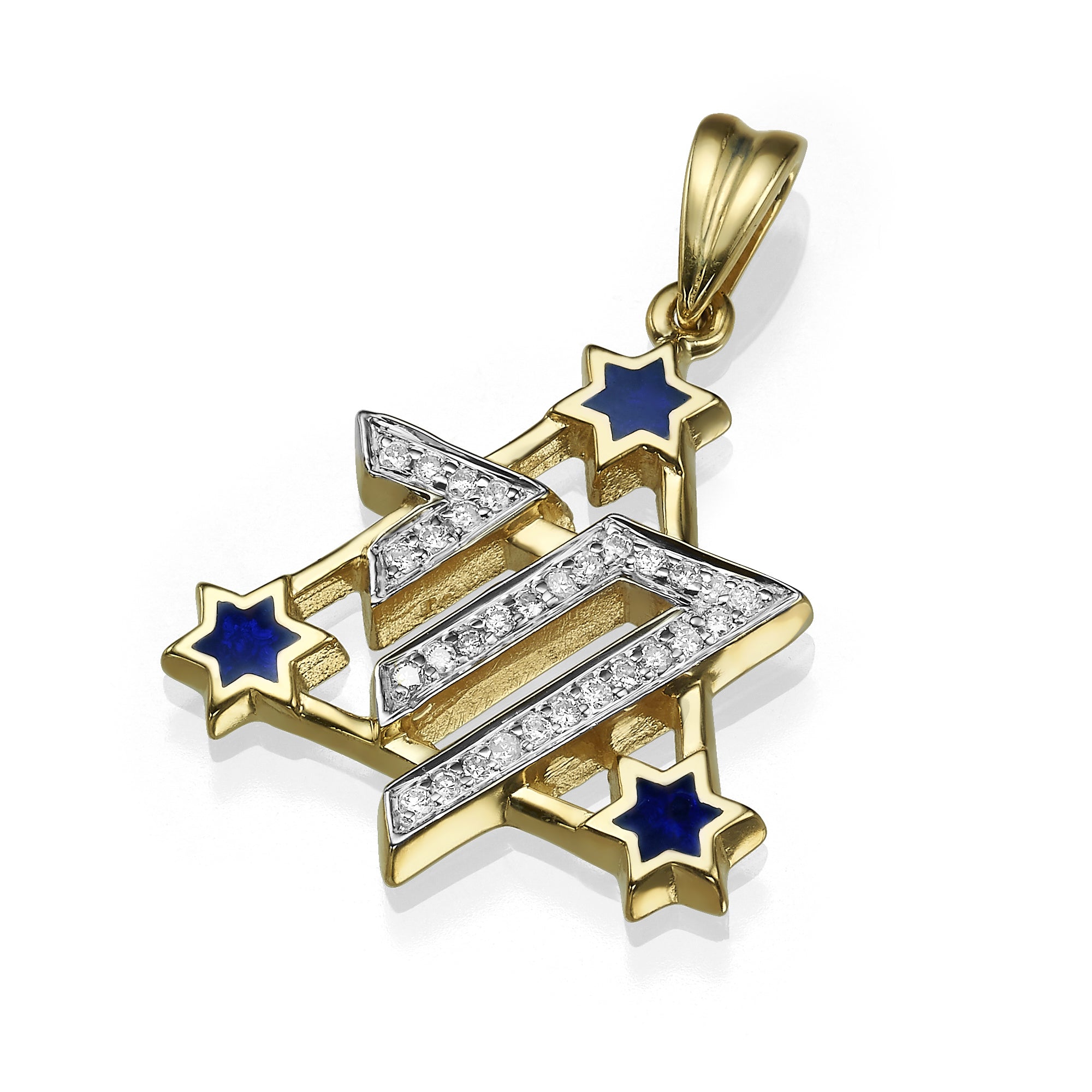 Star of David Chai Pendant - 14K Gold and Blue Enamel Diamond Studded