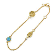 14K Yellow Gold Charm Bracelet with Evil Eye, Opal Stone and Dreidel Charms