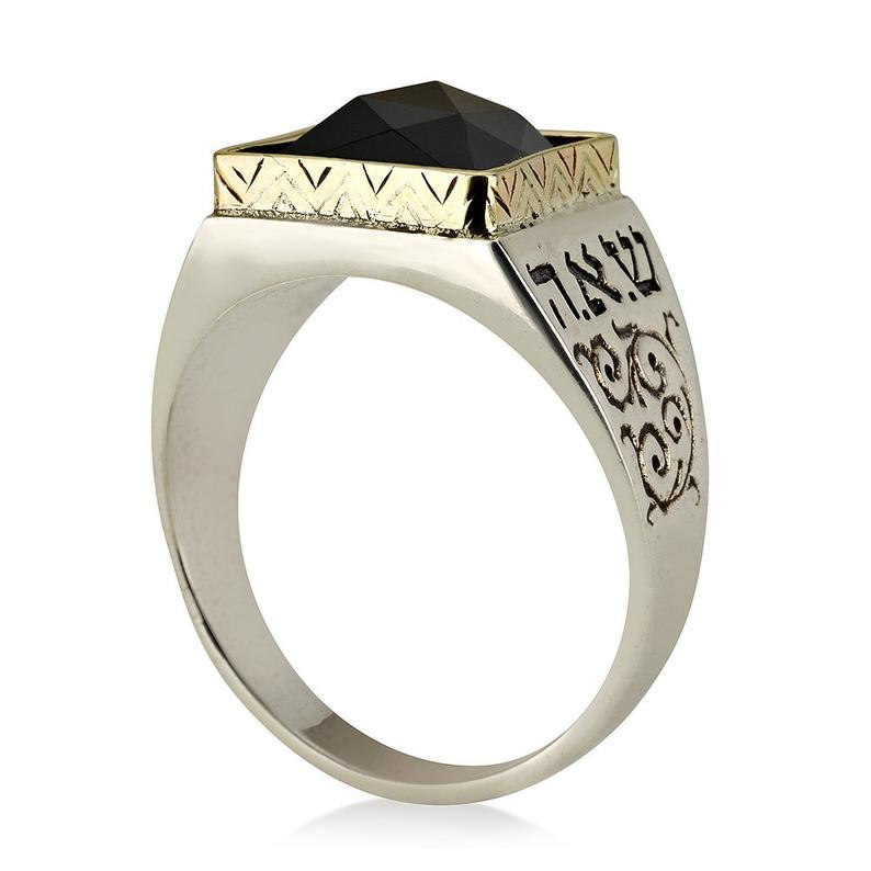14K Gold and Silver 5 Metals with Black Onyx Kabbalah Ring