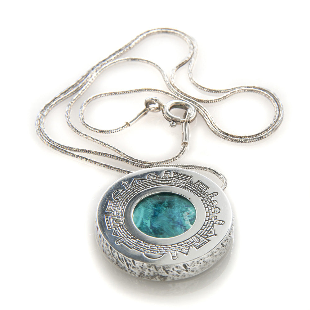 Eilat stone jewellery | Round Textured Silver Necklace - Jerusalem Skyline