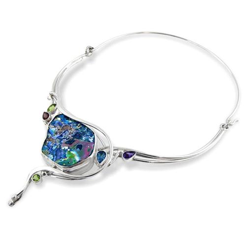 Silver Roman Glass and Semi-Precious Stones Necklace