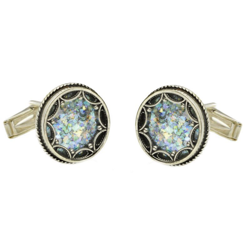 Sterling Silver Filigree Roman Glass Round Cufflinks