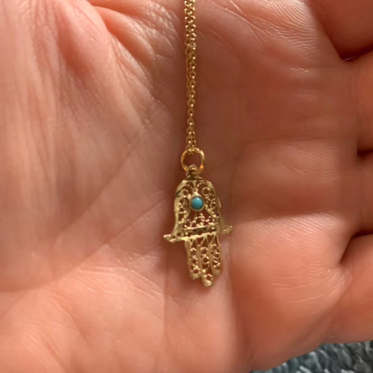 Filigree Turquoise Symmetric Hamsa 14k Gold Pendant
