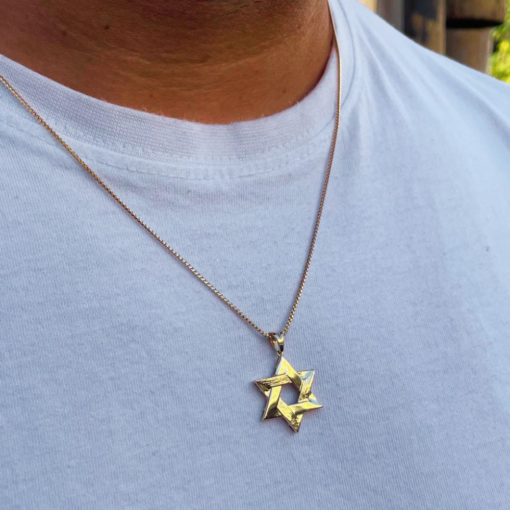 Modern Star of David Pendant in 14K Gold Semi Textured Interwoven Style