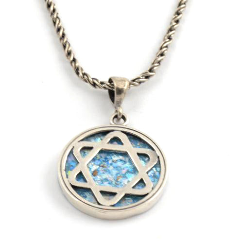 Silver Star of David Roman Glass Necklace