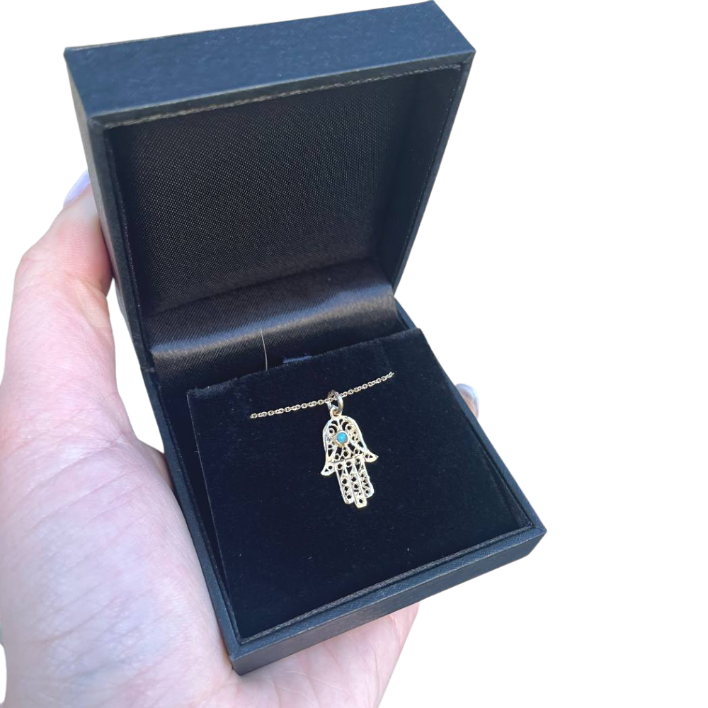 Filigree Turquoise Symmetric Hamsa 14k Gold Pendant