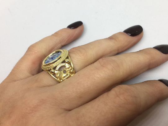Roman Glass Jerusalem 3D Cutout Signet Ring 14k Yellow Gold