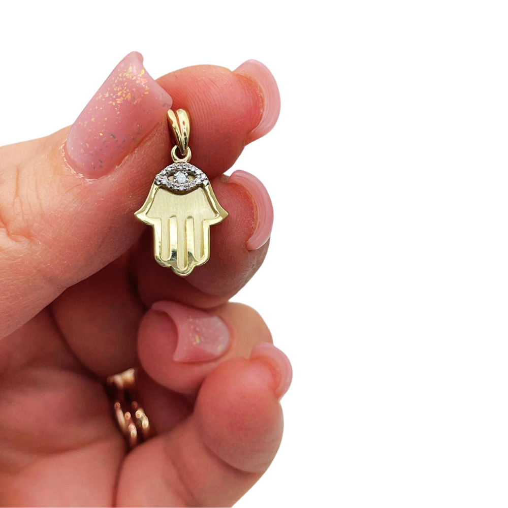 Diamond Hamsa Evil Eye Pendant in 14K Gold