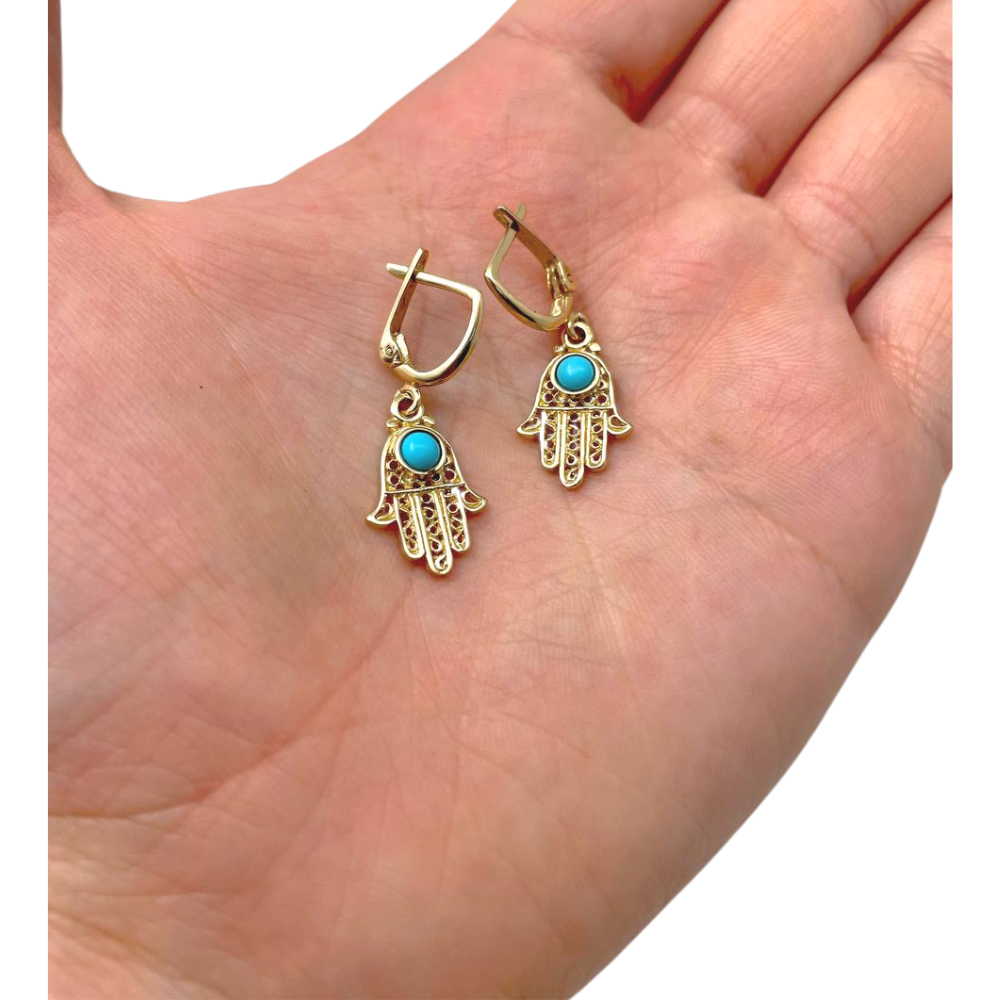 Turquoise Hamsa Earrings in 14K Gold Filigree