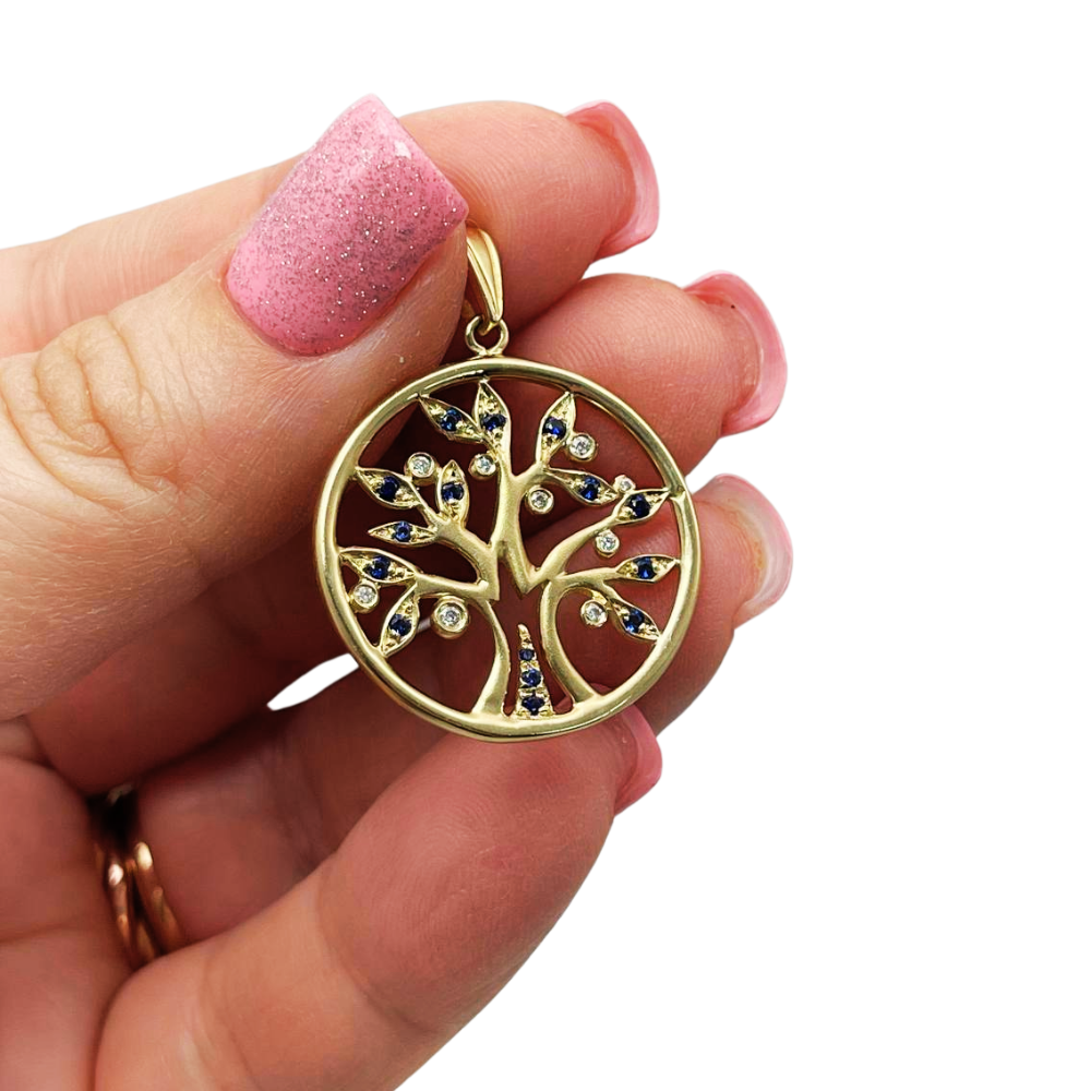 Tree of Life Round Pendant with Diamonds & Sapphires in 14K Yellow Gold