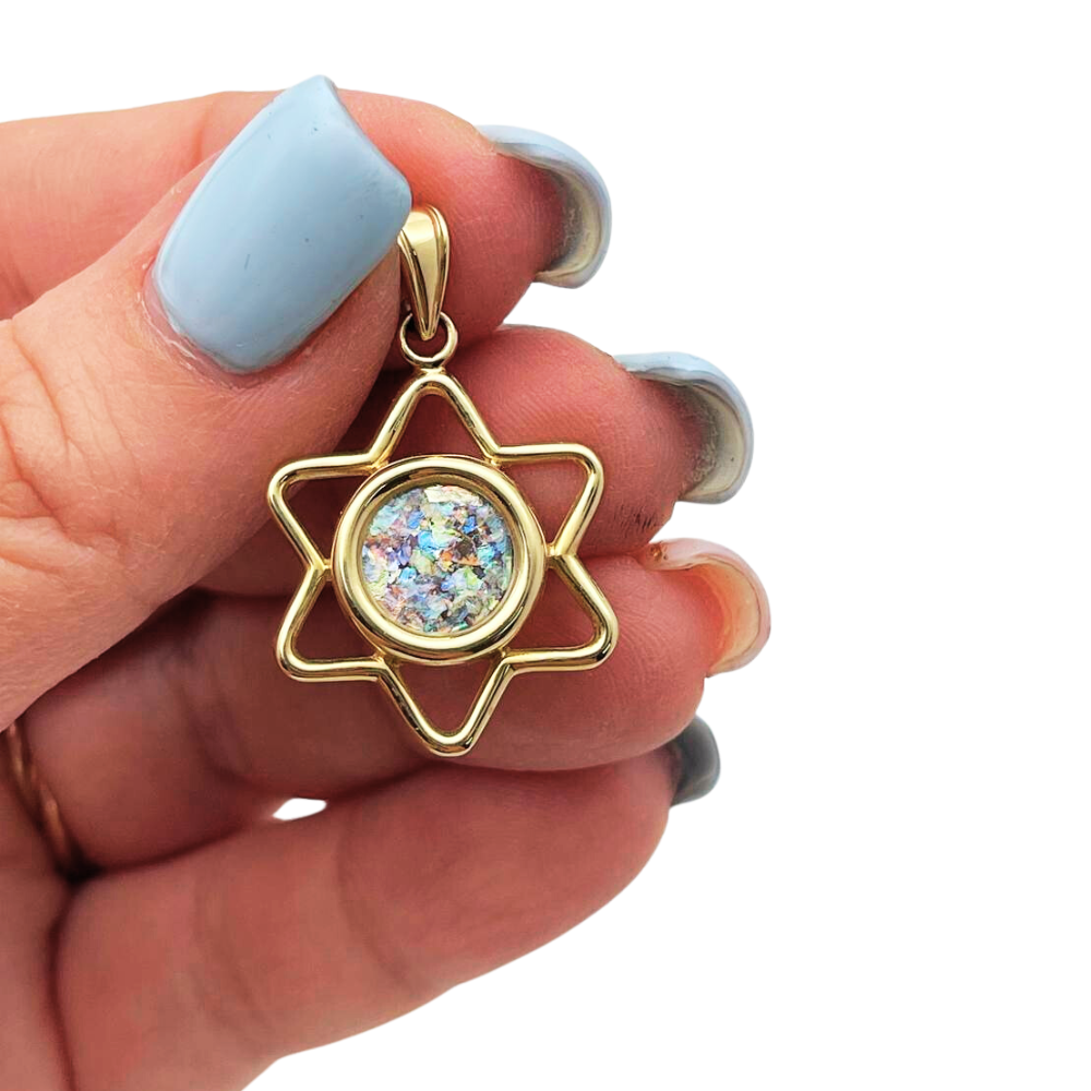 14k Gold Roman Glass Cutout Star of David Pendant