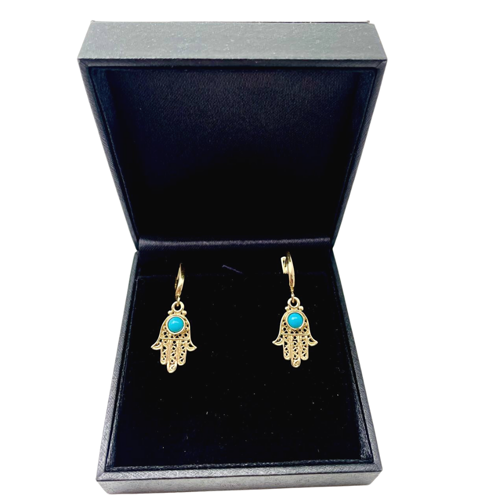 Turquoise Hamsa Earrings in 14K Gold Filigree