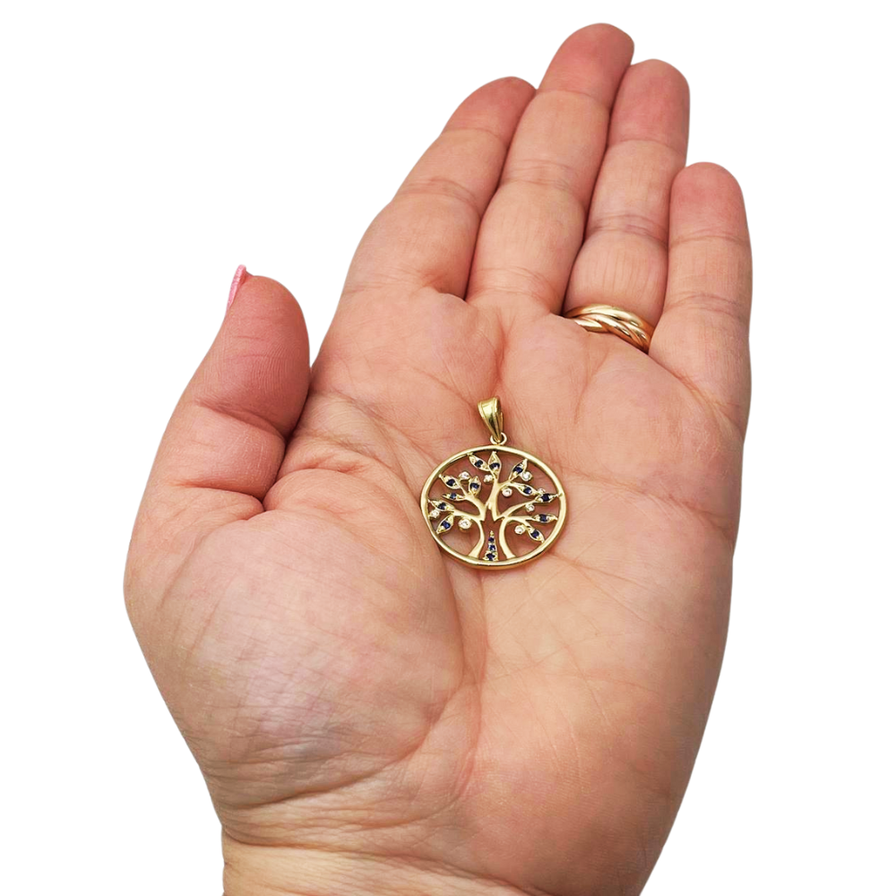 Tree of Life Round Pendant with Diamonds & Sapphires in 14K Yellow Gold