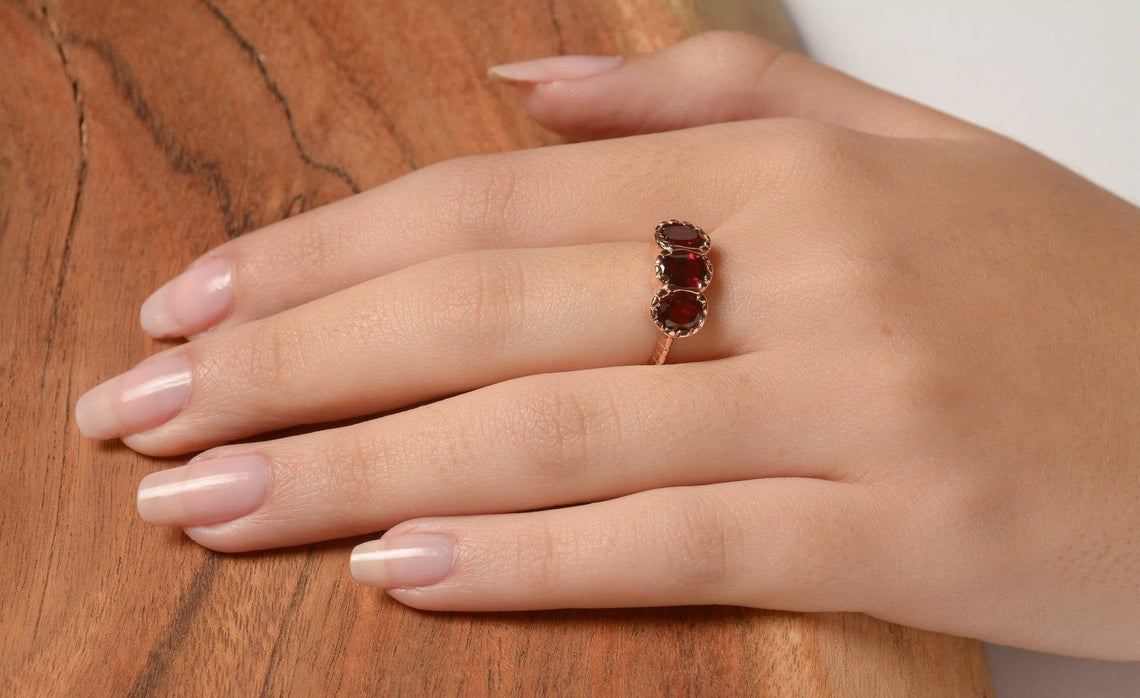 14K Rose Gold Three Garnet Ring