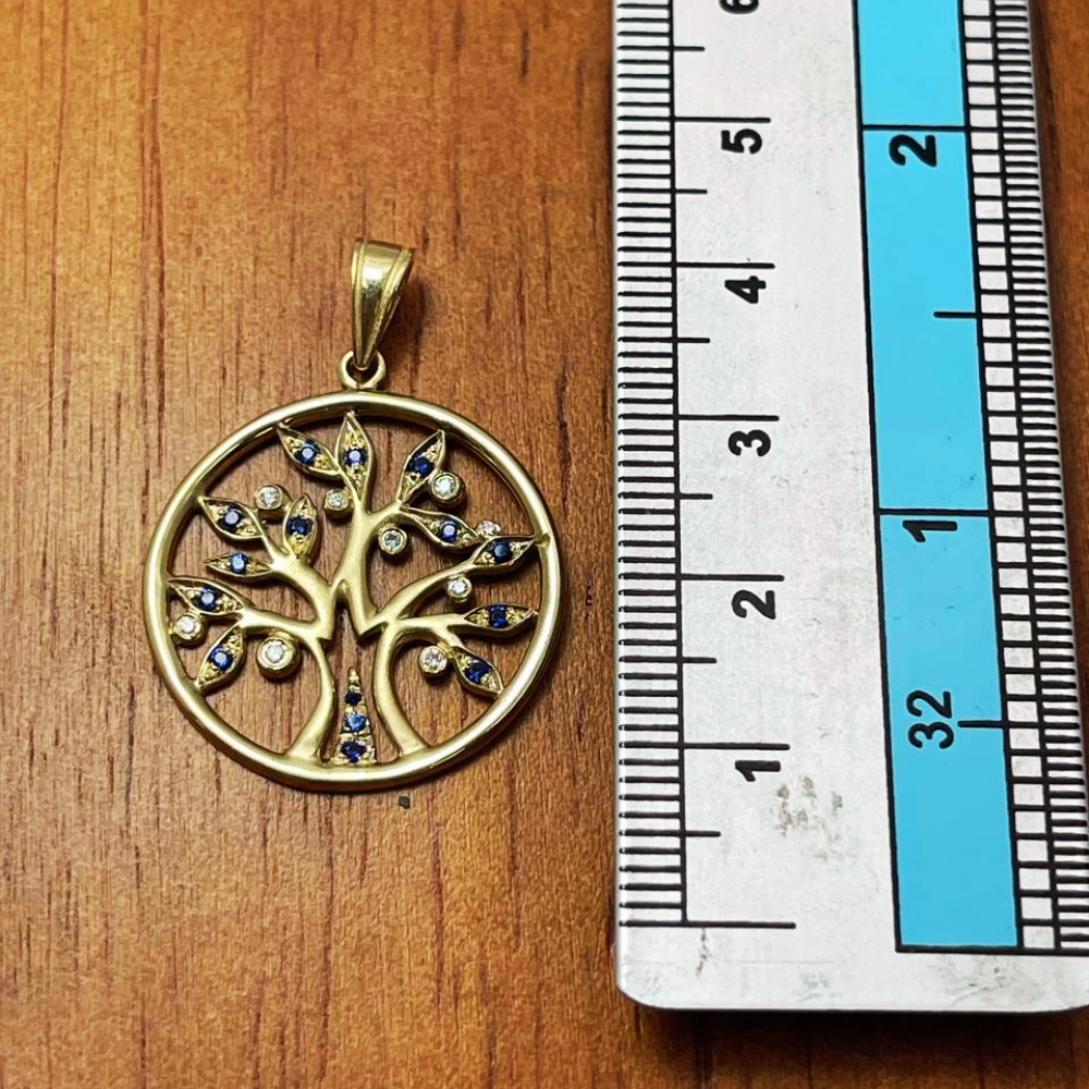 Tree of Life Round Pendant with Diamonds & Sapphires in 14K Yellow Gold