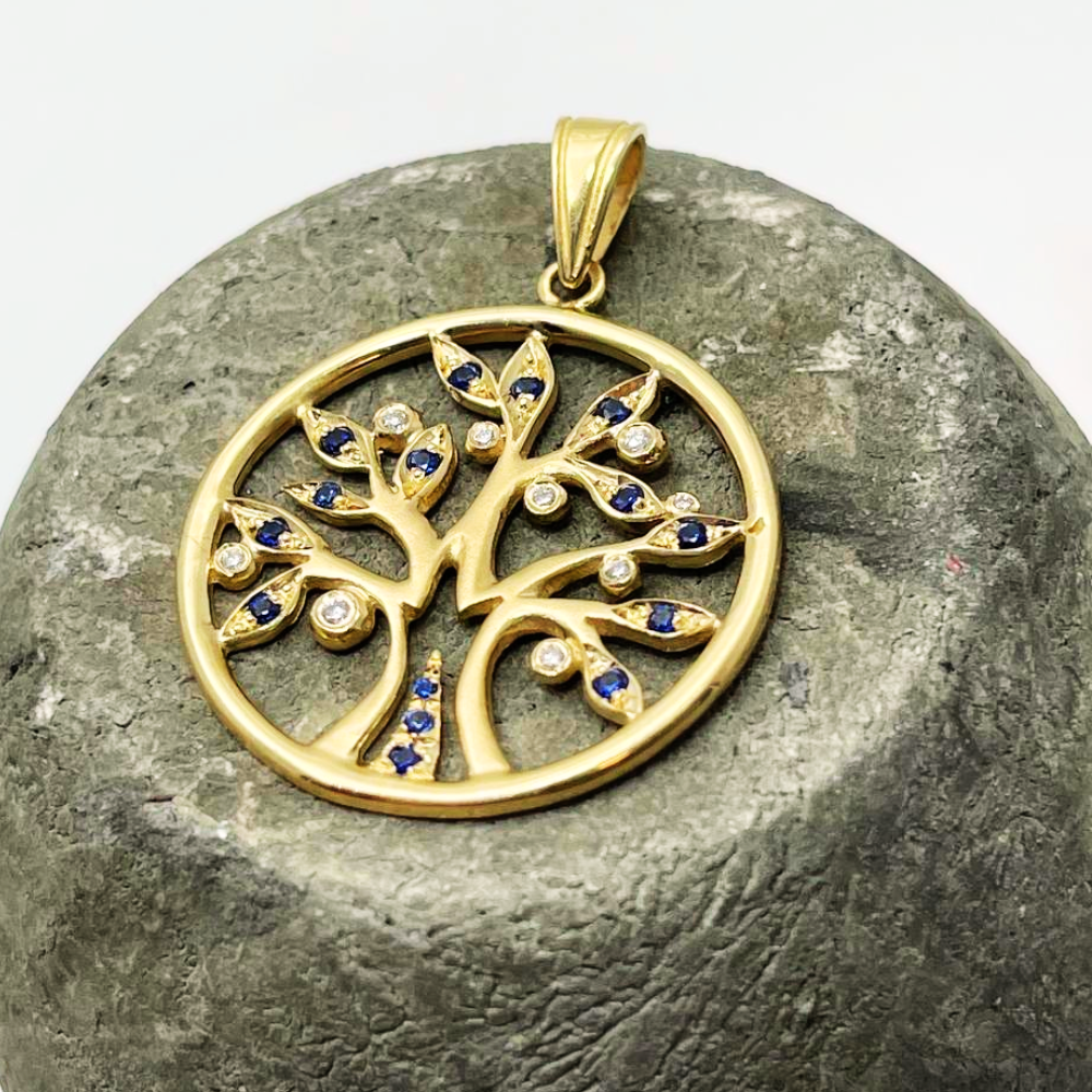 Tree of Life Round Pendant with Diamonds & Sapphires in 14K Yellow Gold