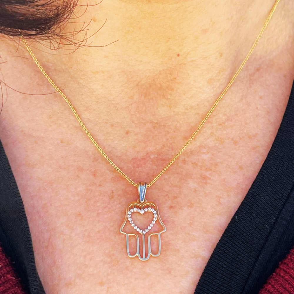 Diamond Heart Hamsa Pendant 14K Gold - Protection Charm