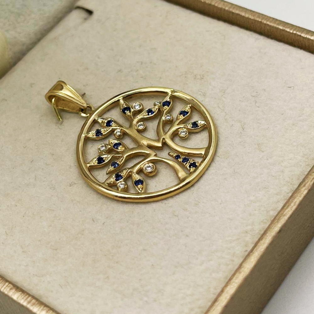 Tree of Life Round Pendant with Diamonds & Sapphires in 14K Yellow Gold