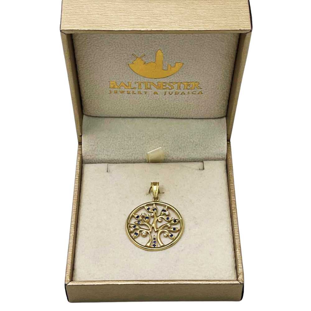 Tree of Life Round Pendant with Diamonds & Sapphires in 14K Yellow Gold
