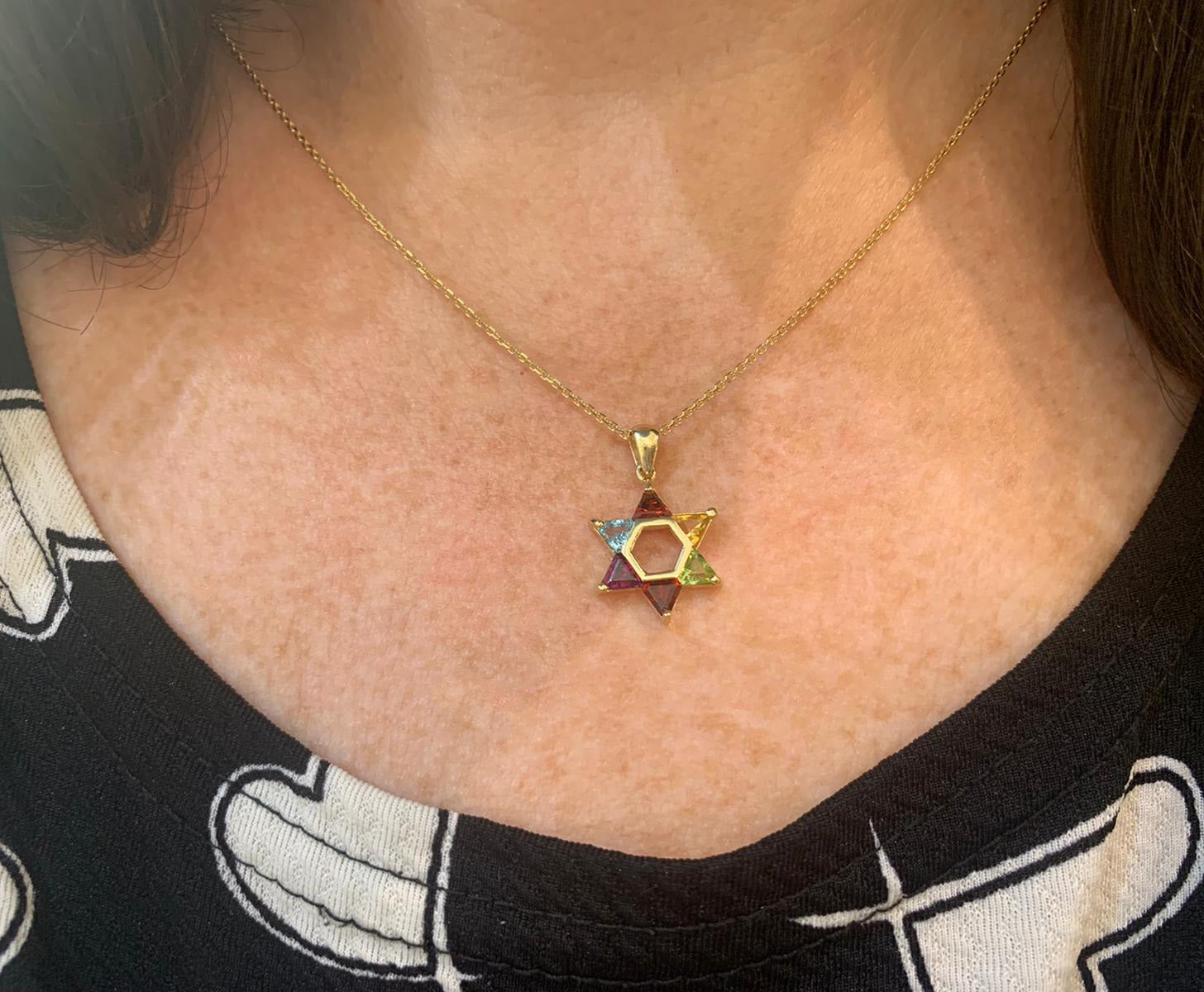Colorful Gemstones Star of David Pendant in 14K Gold - 18 mm