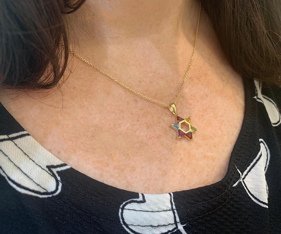 Colorful Gemstones Star of David Pendant in 14K Gold - 18 mm
