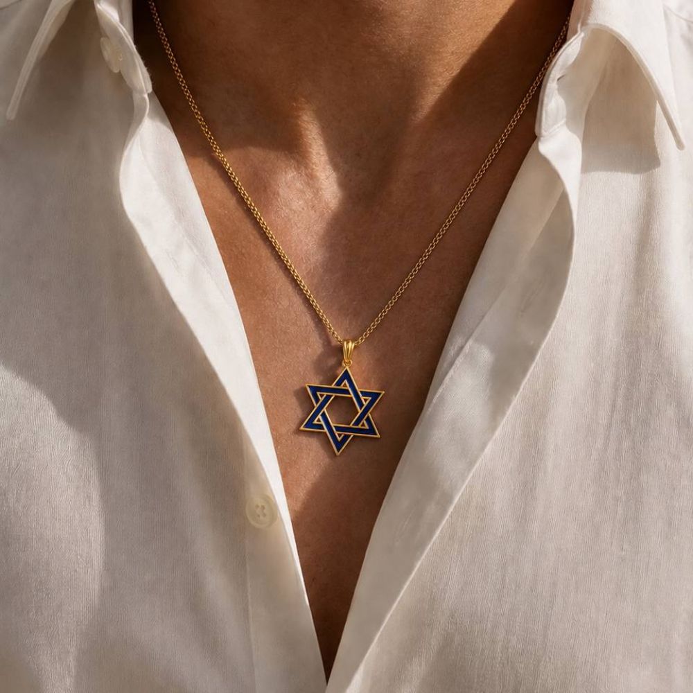 14K Gold Blue Enamel Star of David Pendant