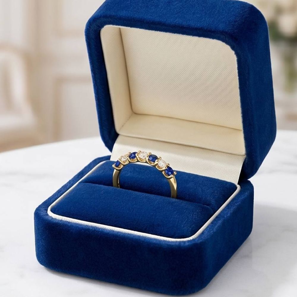 Sapphire & Diamond Half Eternity Band Ring in 14k Yellow Gold