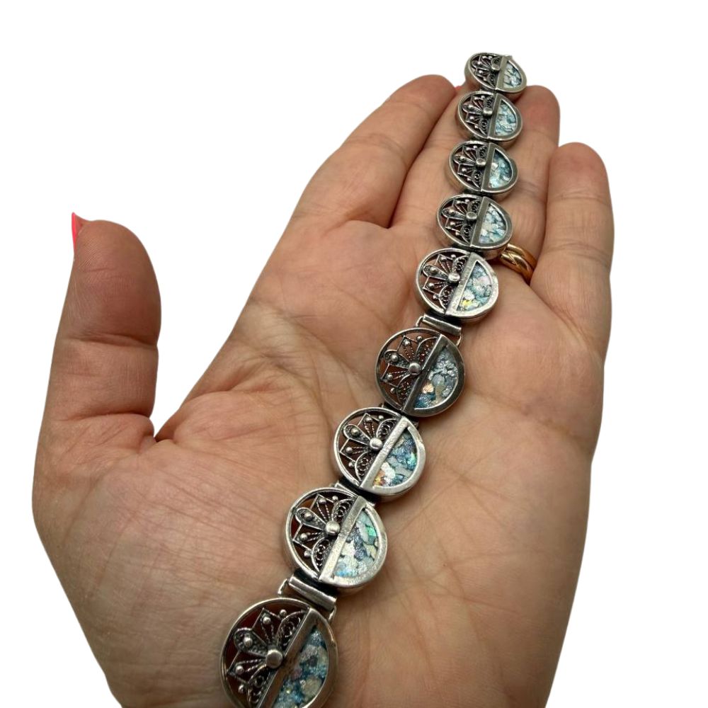 Sterling Silver Roman Glass Link Bracelet