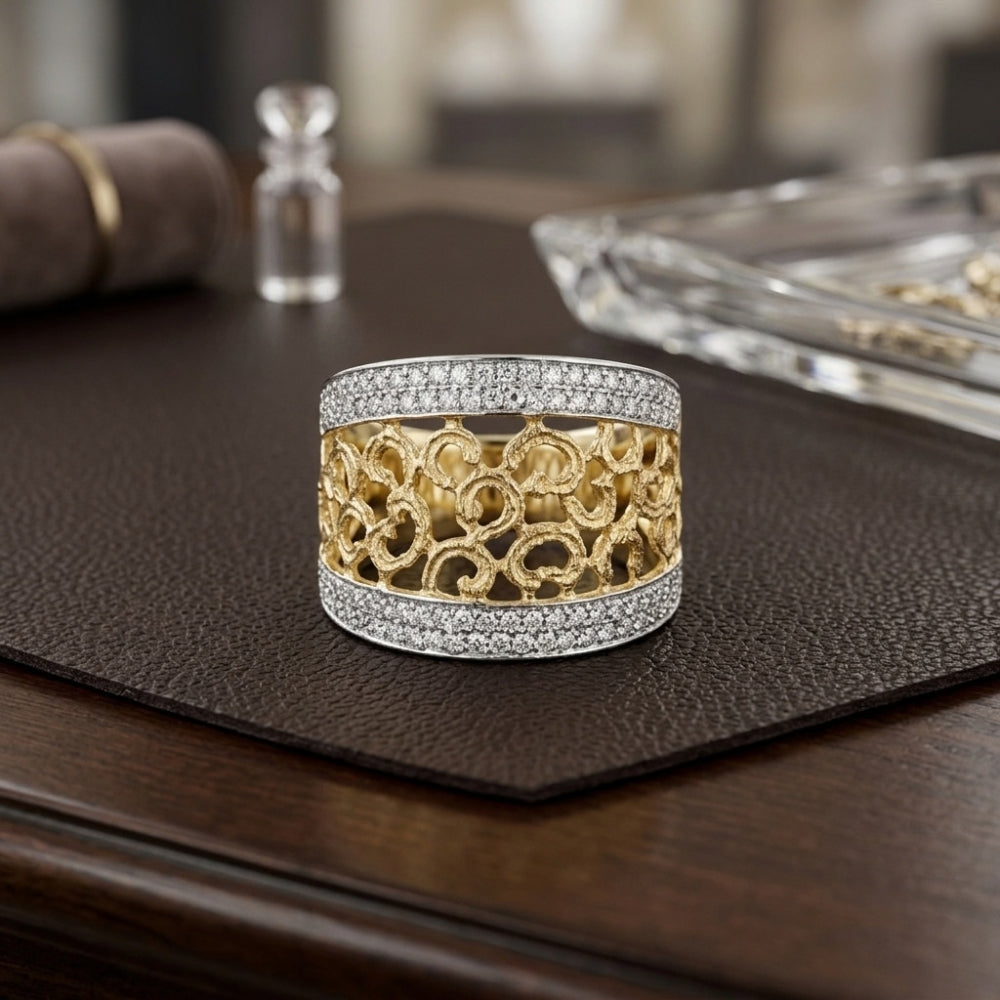 14K Gold Two-Tone Filigree Wide Band Diamond Ring
