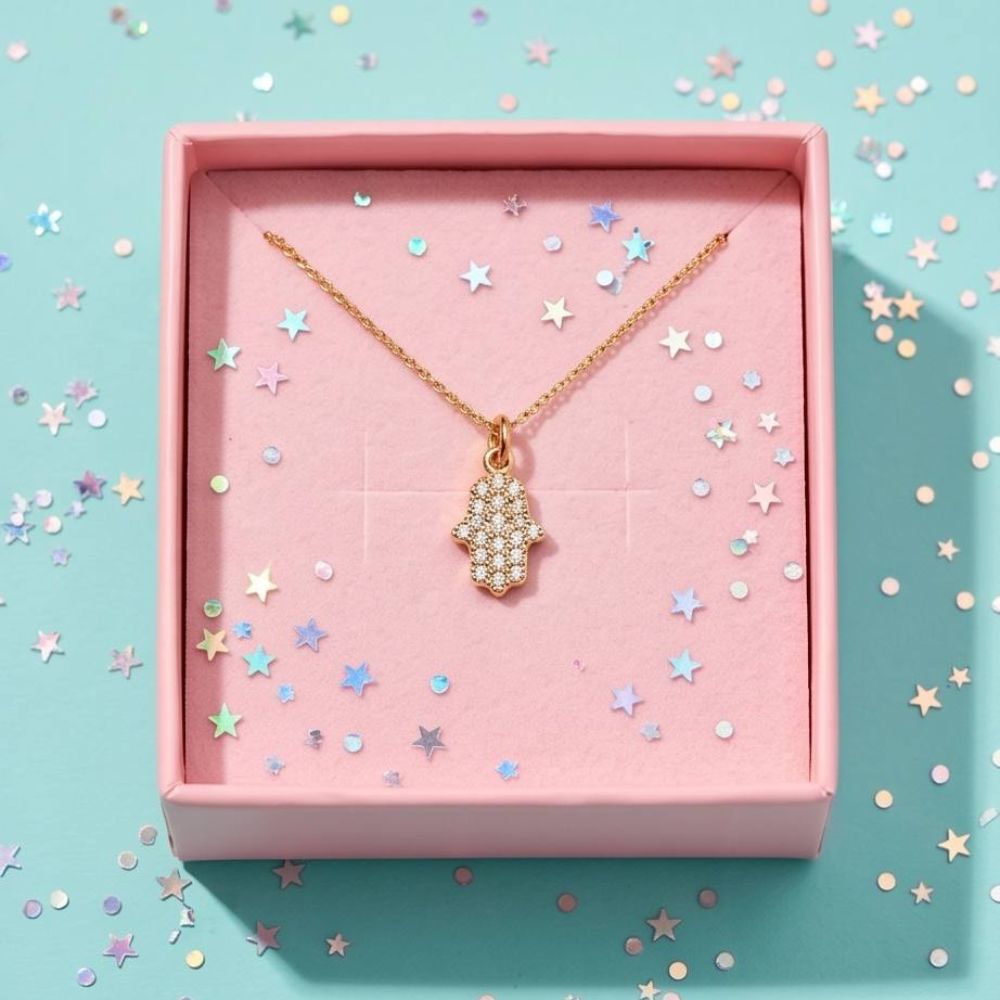 14K Yellow Gold Diamond Hamsa Hand Pendant Necklace