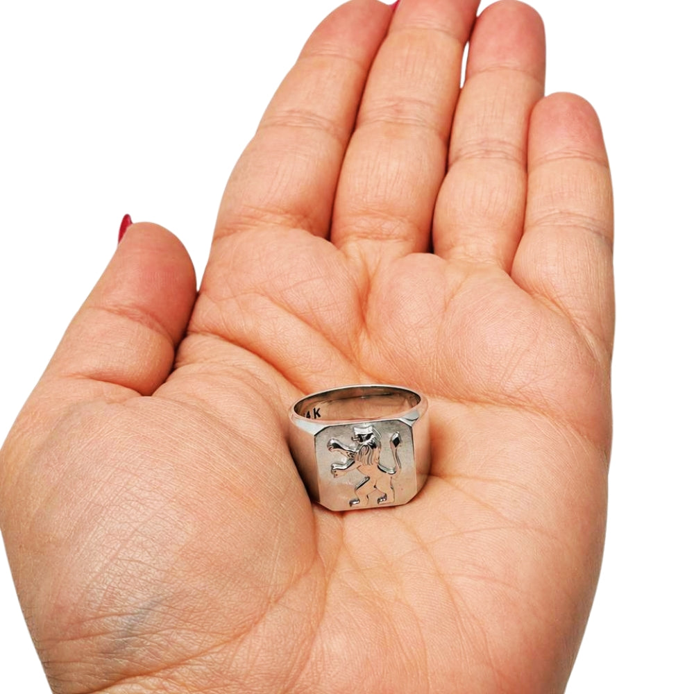 14K White Gold Lion of Judah Signet Ring Jewish Symbol Men's Statement Ring